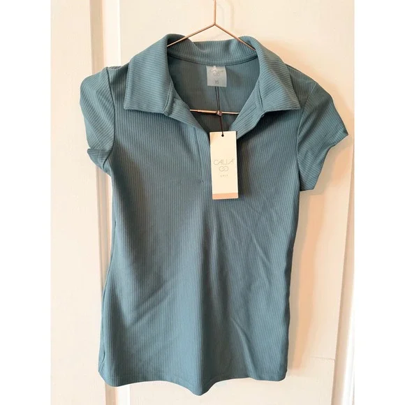 CALIA Rib Johnny Polo Womens XS Puya Green Ribbed UPF 50+ Golf Top NEW - Picture 2 of 6